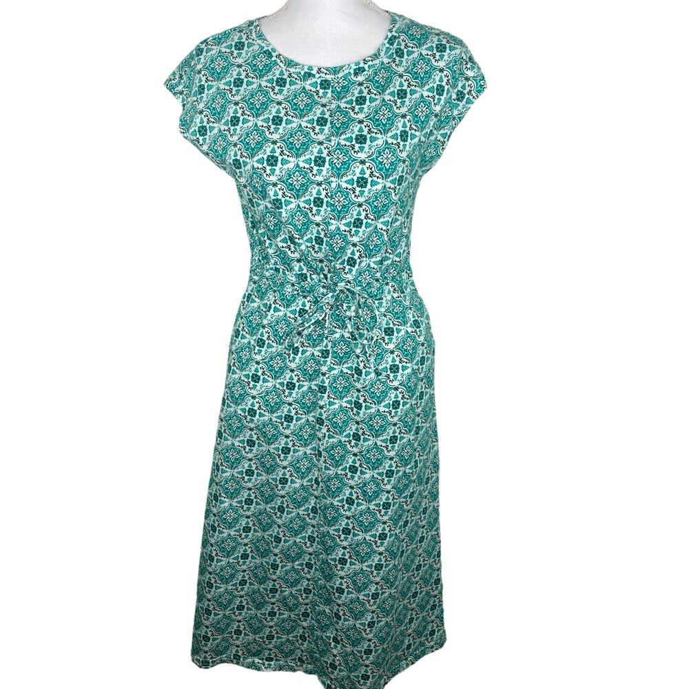 WoolOvers Women's Tie Waist Midi Dress Size XS Green White Floral Medallion